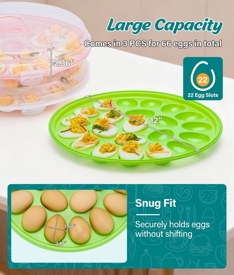 PAHTTO Deviled Egg Container with Lid, 3 Pack Stackable Deviled Egg Platter with Handle, 66-Slot Egg Carrier Tray for Fridge Storage, Easter, Christmas, Parties, Picnic, Dishwasher/Freezer Safe - Image 4